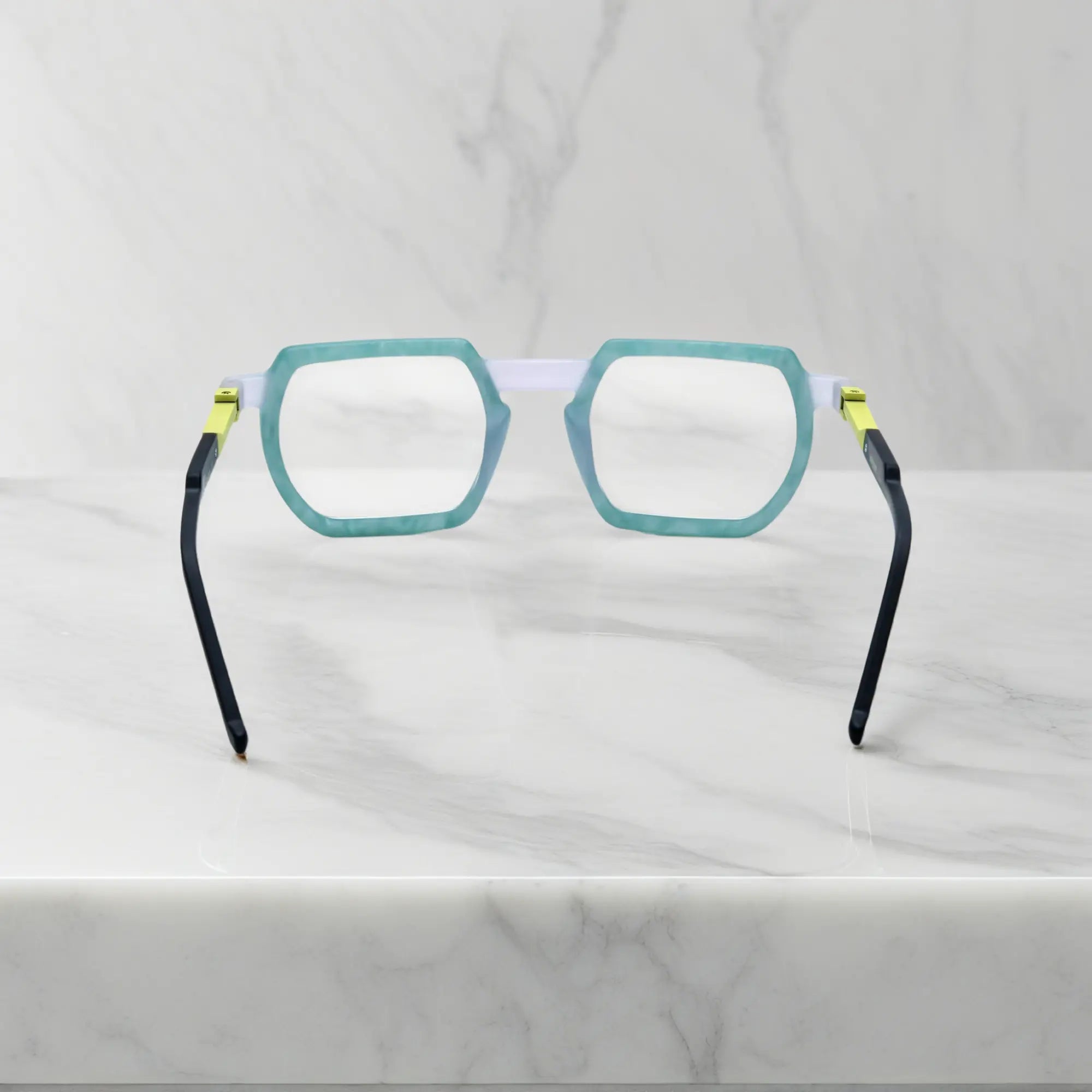 Back view of Ice Marble fashion frames with lightweight acetate and intricate hinge finish